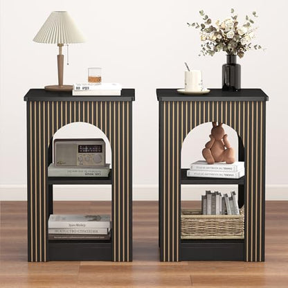 weselon End Table Set of 2, Mid-Century Modern Side Table with 3-Tier Storage Shelves and Arched Carving Lines, Square Fluted Nightstand for Living Room, Bedroom, or Office (2, Black) - color: Black