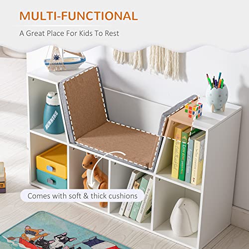 HOMCOM 6-Cubby Kids Bookcase with Reading Nook and Cushion, Multi-Purpose Storage Organizer for Bedroom, Living Room, Pure White - color: White