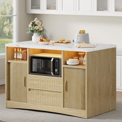 Kitchen Island with Storage, Island Table for Kitchen with Power | Outlet & LED Light, Bar Cart on Wheel Rolling Buffet Cabinet with Fluted Sliding Door, 2 Drawers, Large Countertop, Natural - color: Natural