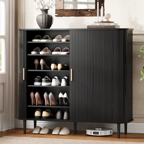 DHH Shoe Storage Cabinet with Sliding Door, 6-Tier Shoe Cabinet with Adjustable Shelves, Mid Century Modern Freestanding Shoe Storage Organizer for Entryway, Hallway, Living Room (Black, 47 ") - color: Black, size: 47 "