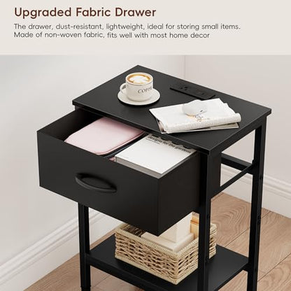 Vagusicc Nightstand Set of 2 with Charging Station, Bed Side Table with Fabric Drawer, Small End Table with 2-Tier Storage Shelves, 25.4" Tall Bedside Table, Black Night Stand for Bedroom, Living Room - color: Black (2 Pack)
