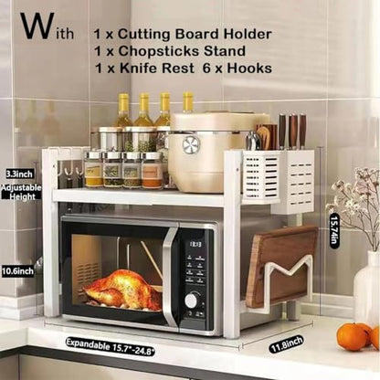 2-Tier Expandable Microwave Stand, Extendable Microwave Oven Rack with Storage Shelf Heavy Duty with 6 Hooks and Chopsticks Cutting Board Tools Holder for Kitchen(15.7~24.8" L) - color: White