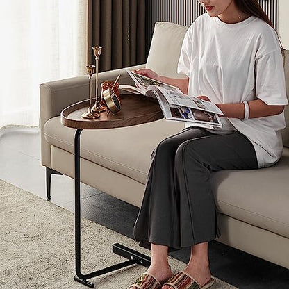 C Shaped Side Table, Small C Table End Table for Sofa and Bedside, Couch Side Tables that Slide Under, Wood C Shaped End Table for Bedroom Living Room, 18”L X 12”W - color: Walnut+black