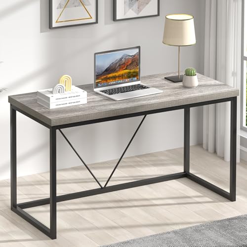 FOLUBAN Modern Home Office Desk, Industrial Vintage Computer Desk, Rustic Wood and Metal Study Writing Table, Simple Work Gaming PC Desks for Bedroom Living Room, Light Grey 53 Inch - color: Light Grey, size: 53 inch