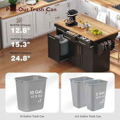 60" Kitchen Island with Trash Can Storage Cabinet and Power Outlet | Rolling Kitchen Cart on Wheels with Rubber Wood Drop Leaf Top, Spice Rack, Towel Rack and Adjustable Shelf, Black - color: Black
