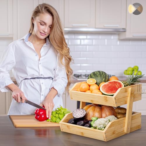 Hellojin Bamboo 2 Tier Fruit Basket with Dual Banana Hangers | Wooden Tiered Organizer, Protective Mats, Large Capacity, Versatile Holder for Bread, Snacks, Veggies, Onion and Potato - color: Bamboo-2 tier
