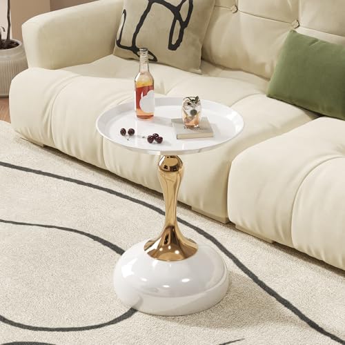 Small White Round Side Table with Gold Pedestal Base - Modern Chic Accent End Table for Living Room, Bedroom & Office Spaces - color: Cream White