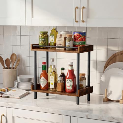 Coffee Bar Organizer and Kitchen Countertop Shelf - 2 Tier Spice Rack, Mug Holder, Storage Stand for Coffee Station Accessories Wooden Bathroom & Desk Organizers