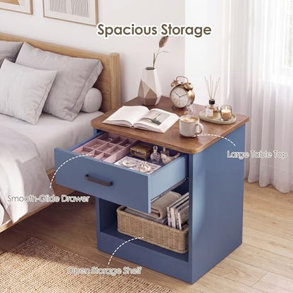 Keyluv Nightstand with Drawer and Open Shelf, Bedside Table for Bedroom, Modern Style Sofa Side Table with Storage, End Table for Home Office, Hallway, Small Spaces, Blue