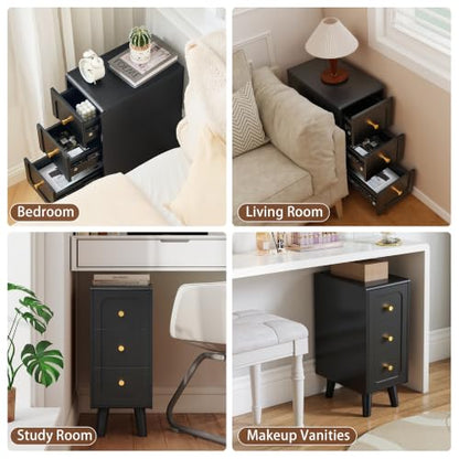 Narrow Nightstands with 3 Drawers, Wooden Farmhouse Bedside Tables, Slim End Tables with Storage, Small Night Stand for Bedroom, Living Room, Small Spaces - color: Black-3drawers-1pcs