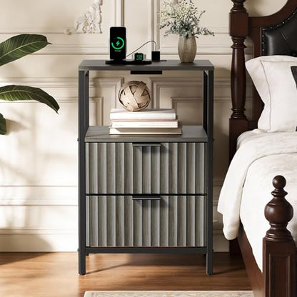 VINGLI Night Stand Set 2 with Charging Station and Fabric Drawers, Fluted Grey Night Stand Set of 2, Gray Nightstand with Drawers, Grey Bedside Tables/End Tables for Bedroom, 14.96"W*11.81"D*23.78"H - color: Grey, size: 15"W-2 Drawer 1 Shelf