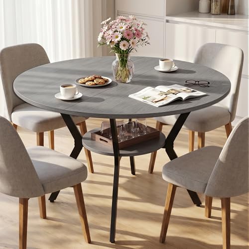 Miereirl 42.13" Round Dining Table for 4, Modern Kitchen Table with Open Storage Shelf, Wood Dining Table for Dining Room, Apartment, Small Spaces - color: Grey