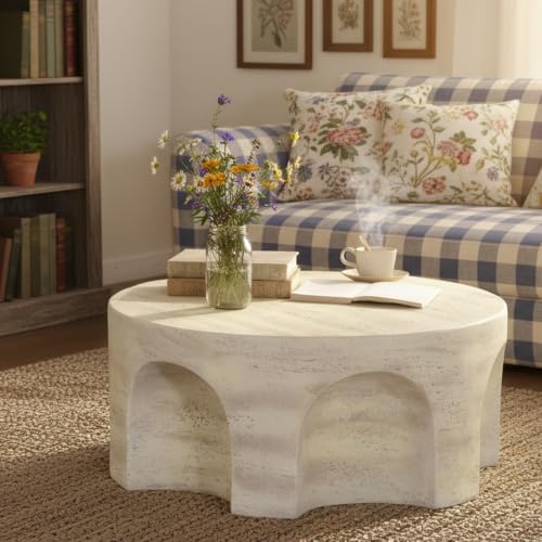 Round Marble Coffee Table 31.5" Faux Stone Coffee Table for Living Room, Modern Travertine Center Table, Magnesium Oxide, No Assembly, Beige - color: Faux Stone-arched Deco-beige