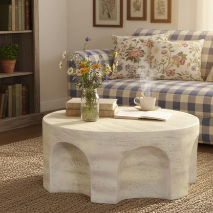 Round Marble Coffee Table 31.5" Faux Stone Coffee Table for Living Room, Modern Travertine Center Table, Magnesium Oxide, No Assembly, Beige - color: Faux Stone-arched Deco-beige