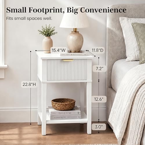 Modern Fluted Small Wood Nightstand, 11.8" Deep x 15.4" Narrow Bedside Table with Drawer & Open Shelf, Farmhouse Chic Accent Side Table for Bedroom & Sofa - White | Bright white tone, ribbed fluted front, 11.8-inch slim depth, concealed storage, clean fit