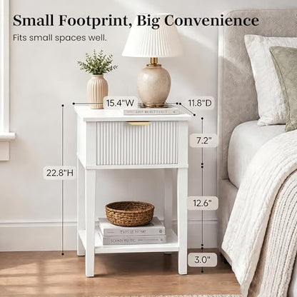 Modern Fluted Small Wood Nightstand, 11.8" Deep x 15.4" Narrow Bedside Table with Drawer & Open Shelf, Farmhouse Chic Accent Side Table for Bedroom & Sofa - White | Bright white tone, ribbed fluted front, 11.8-inch slim depth, concealed storage, clean fit
