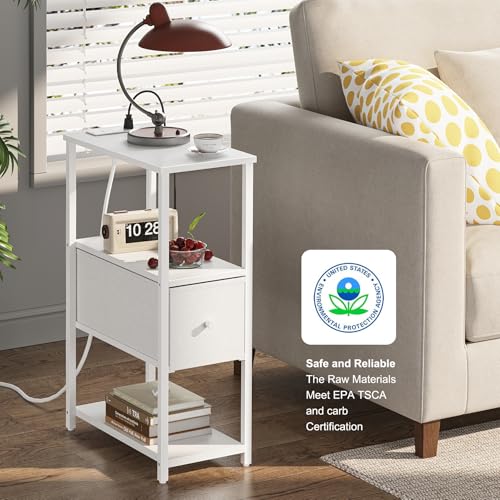 TUTOTAK Small Narrow End Table with Charging Station, Set of 2, Side Table with Outlets, Nightstand with Cloth Drawer, Couch Table, for Living Room, Bedroom, Bedside, White TB01BW058 - color: White, style: 1 Drawer & Plug