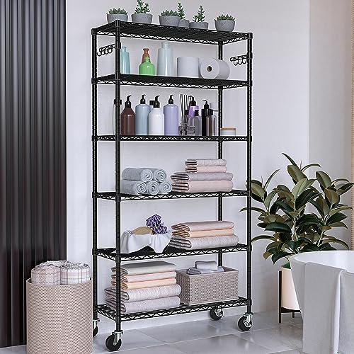6 Tier Wire Metal Shelving Rack Garage Storage Rolling Shelves with Wheels | Heavy Duty Adjustable Industrial Shelves Unit Utility Sturdy Shelving for Kitchen Garage Pantry Bathroom Laundry - size: 6-Tier Metal Shelf（36L x 14W x 75H）