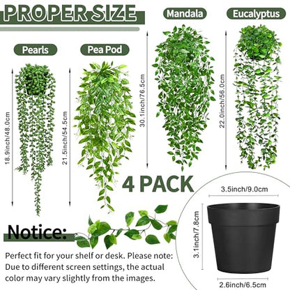Palonu 4 Pack Faux Artificial Hanging Plants, UV Resistant Fake Potted Greenery with Eucalyptus Vine, Mandala, Pea Pod Leaves & String of Pearls in Pots for Living Room Bathroom Indoor Outdoor Décor