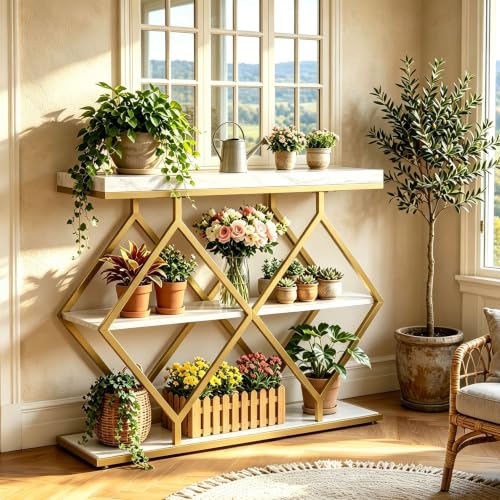 Garvee 3 Tier Console Table,39" Industrial Entryway Table,Open Wood Shelves | Sofa Table,Narrow Wood Accent Tables with Metal Frame for Hallway,Living Room,Behind Couch,Foyer,Entrance,White - color: White + Diamond-shaped
