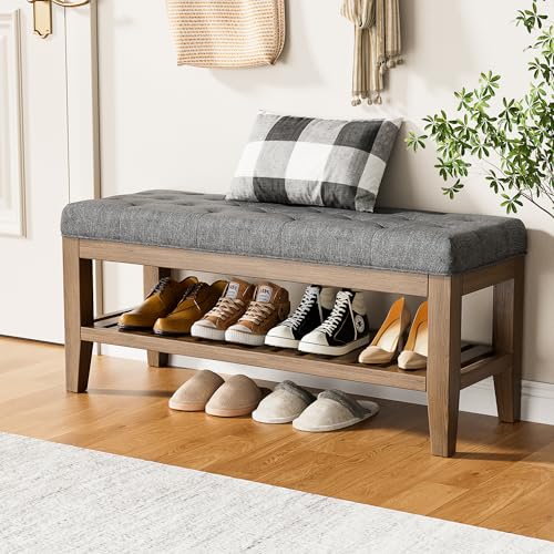 YaFiti End of Bed Storage Bench, 42.9" Entryway Shoe Bench with Solid Wood Shelf, Upholstered Ottoman with Padded Seat for Bedroom, Hallway and Lining Room, Dark Gray - color: Dark Gray