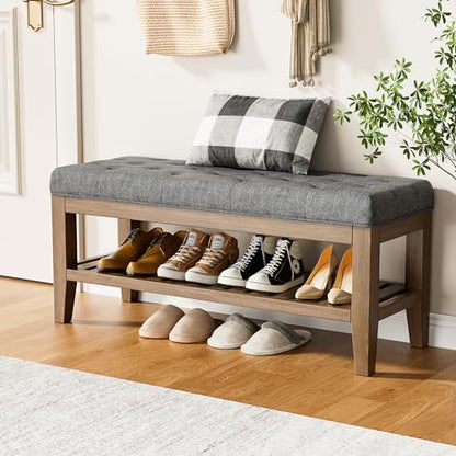 YaFiti End of Bed Storage Bench, 42.9" Entryway Shoe Bench with Solid Wood Shelf, Upholstered Ottoman with Padded Seat for Bedroom, Hallway and Lining Room, Dark Gray - color: Dark Gray