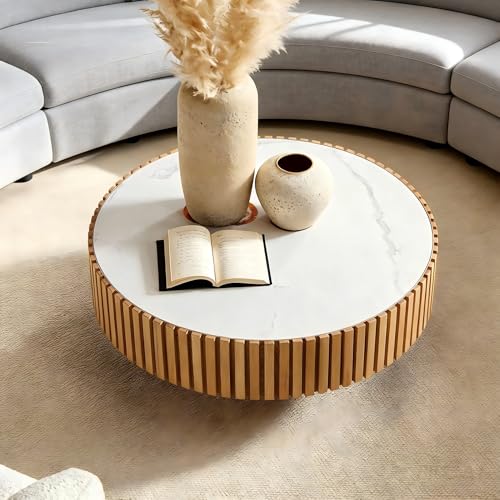 Round Coffee Table Wood Ø35.43'' X 13.77''H Drum Coffee Tables Sintered Stone Tabletop for Living Room Small Space Fluted Circle Cocktail Tea Modern Center Apartment Home Furniture Easy Assembly - color: 35.43 Wood Sintered