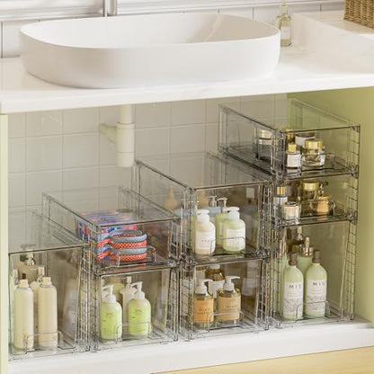 Vtopmart 3 Pack Clear Stackable Storage Drawers,Easy to Assemble Bathroom Organizers and Storage with handles,Plastic Drawers for Kitchen Pantry,Cabinet,Under Sink Organization | Tall, Medium and Small Pull-Out PET Drawers with Stackable Design for Bathro