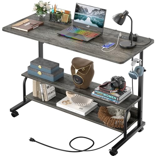 39" Height Adjustable Standing Desk with Power Outlets - Manual Rolling Stand Up Desk with Wheels Small Portable Computer Desk Mobile Laptop Table with Storage Shelves for Home Office, Grey Oak - color: Grey Oak, size: 39''