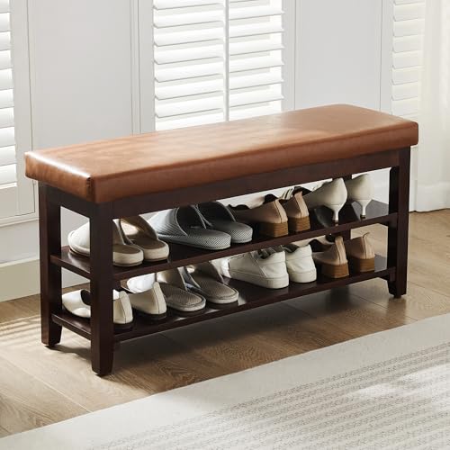 40" Shoe Bench with Leather Cushion, 2-Tier Shoe Rack Entryway Bench, Wood Bench for Front Door Entrance, Mudroom, Hallway, Wooden Shoe Shelves, Shoe Organizer, Shoe Storage, Light Brown - color: Light Brown