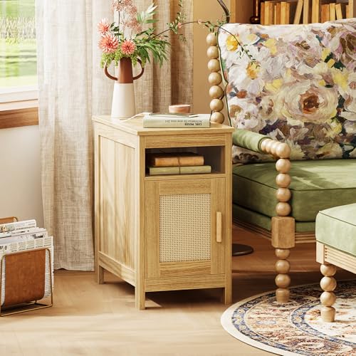 Huuger Narrow Night Stand, End Table with Charging Station, USB-C Port, Rattan Side Table with Cabinet and Open Shelf, Synthetic Rattan, for Small Spaces, Bedroom, Natural Wood - color: Natural Wood