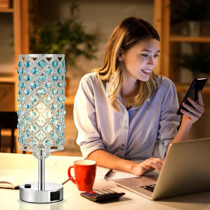 Hong-in Blue Crystal Lamp Touch Control Set of 2, Crystal Table Lamps with USB C+A Ports & AC Outlet, 3-Way Dimmable Nightstand Touch Lamp, Modern Bedside Table Lamp for Bedroom(Bulbs Included) - color: Blue