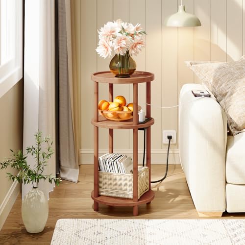 HOOBRO Set of 2 Small Round Side Tables with Charging Station, 3-Tier Round Bamboo End Tables, Easy Assembly, for Living Room, Bedroom, Apartment, Walnut WL152UBZP201 - color: Walnut
