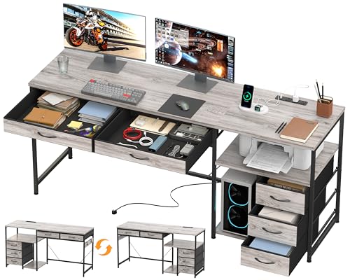 YOSHOOT 60" Computer Desk with 5 Fabric Drawers, Gaming Desk Table | Desk with Storage and Power Outlets, for Adults and Teenagers Working Writing Study, Grey - color: Grey, size: 18.9"D x 60"W x 30.7"H