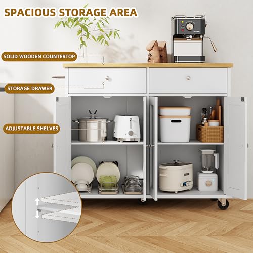 SUNLEI Kitchen Island with Storage, Kitchen Island on Wheels with Drop Leaf, Rolling Kitchen Island Cart with Cabinet and Drawers, Mobile Kitchen Storage Cart for Dining Room, White - style: White