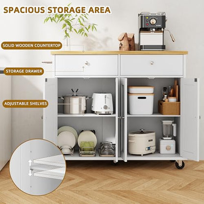 SUNLEI Kitchen Island with Storage, Kitchen Island on Wheels with Drop Leaf, Rolling Kitchen Island Cart with Cabinet and Drawers, Mobile Kitchen Storage Cart for Dining Room, White - style: White