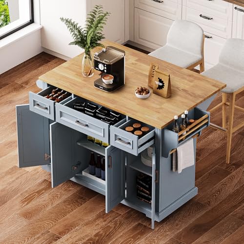 Large Kitchen Island with Rubber Wood Top Drop Leaf, 54" Rolling Kitchen Storage Cart on Wheels with Embossed Texture, Door Cabinet, Drawers, Spice Rack & Towel Rack for Dining Room, Grey + Blue - color: Grey + Blue, size: 54 Inch