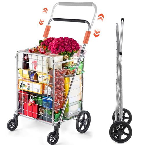Wellmax Folding Grocery Cart with Wheels – Heavy Duty Utility Cart with Upgraded Steel Frame, Extra Large Basket, Adjustable Padded Handle, Swivel Front Wheels, Foldable Design, 90 lb Capacity - size: X-Large