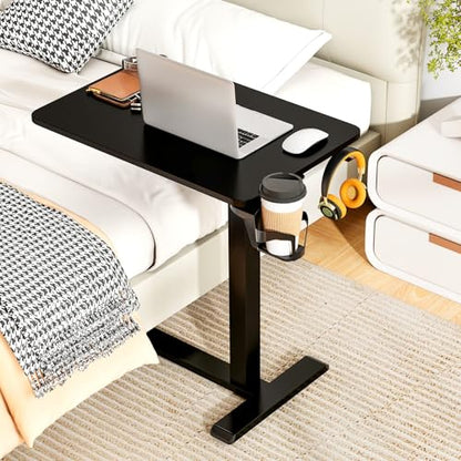 Tangkula Mobile Standing Desk, Pneumatic Height Adjustable Rolling Desk with Cup Holder & Headphone Hook, Overbed Table with Hidden Wheels, Laptop Computer Cart for Couch, Home, Office (Black) - color: Black