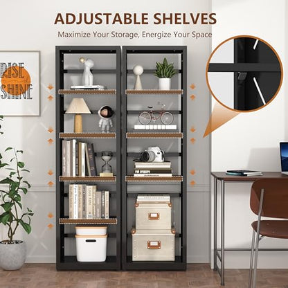 Polup Book Shelf, 5 Tier Metal Bookcase with Adjustable Shelves, Tall Narrow Bookshelf with Bookends, Black Display Shelves for Living Room, Home Office, Library - color: Black, size: 5 Tier-16" W
