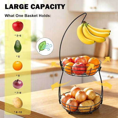 2 Tier Fruit Bowl, Stackable Fruit Basket-Vegetable Holder, Large Capacity Thick Metal Wire Basket with Banana Hanger, Kitchen Countertop Fruit Veggies Storage, Black