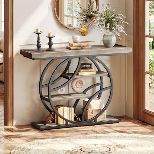 Huuger 41.3 Inch Entryway Table, Modern Console Sofa Table, Accent Table with Shelves, for Entry, Hallway, Entrance, Foyer, O-Shaped Metal Frame, Grey - color: Grey, size: 11.8"D x 41.3"W x 31.5"H