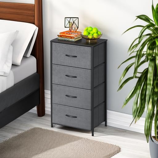 AODK Small Dresser for Bedroom with 4 Storage Drawers, Dark Grey | Dressers Chest of Drawers Fabric Dresser with Sturdy Steel Frame, Dressers for Closet with Wood Top - color: Dark Grey