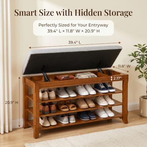 SolidWood Entryway Shoe Storage Bench, Flip-Top Soft-Close Lid, Adjustable Shelves, Cushioned Entryway Shoe Rack Organizer,Hallway, Closet, Foyer 39.4'' - size: 39.4"