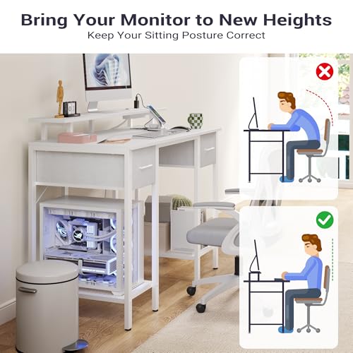 Furnify 42 Inch Computer Desk with Fabric Drawers & USB Power Outlet, White | Built-In USB Charging Station, Study Writing Table with Monitor Stand, Multifunctional Workstation for Bedroom Studyroom - color: White