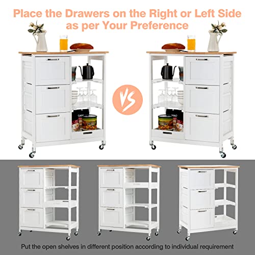 Giantex Kitchen Island Cart on Wheels with Storage, Bar Serving Cart with 3 Deep Drawers, Open Shelves & Removable Tray, Rolling Kitchen Trolley Cart for Home Kitchen, Dining Room, Bar, White - color: White