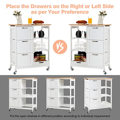 Giantex Kitchen Island Cart on Wheels with Storage, Bar Serving Cart with 3 Deep Drawers, Open Shelves & Removable Tray, Rolling Kitchen Trolley Cart for Home Kitchen, Dining Room, Bar, White - color: White