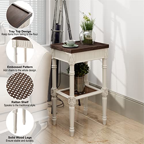COZAYH End Table 2-Pack - French Country Tray Top - Rustic White | Engineered Wood, 17 x 13 x 28.25 in, 35 lb Capacity, Wicker Pattern Shelf, Distressed Finish, Indoor Use - color: White, size: 2-Pack