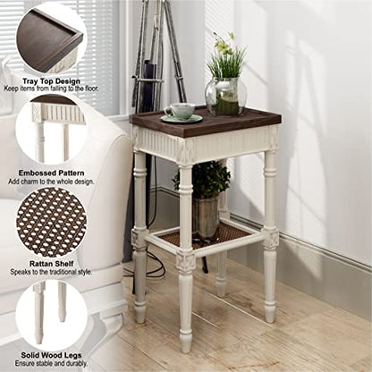 COZAYH End Table 2-Pack - French Country Tray Top - Rustic White | Engineered Wood, 17 x 13 x 28.25 in, 35 lb Capacity, Wicker Pattern Shelf, Distressed Finish, Indoor Use - color: White, size: 2-Pack