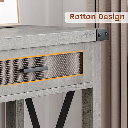IDEALHOUSE Farmhouse Entryway Table, Grey Console Table with Rattan Drawers, 43" Sofa Table with Storage, Console Tables for Entryway, Living Room, Hallway, Foyer-Grey